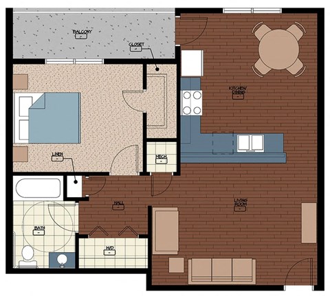 Floor plan for 1 bed, 1 bath, 700 sqft
